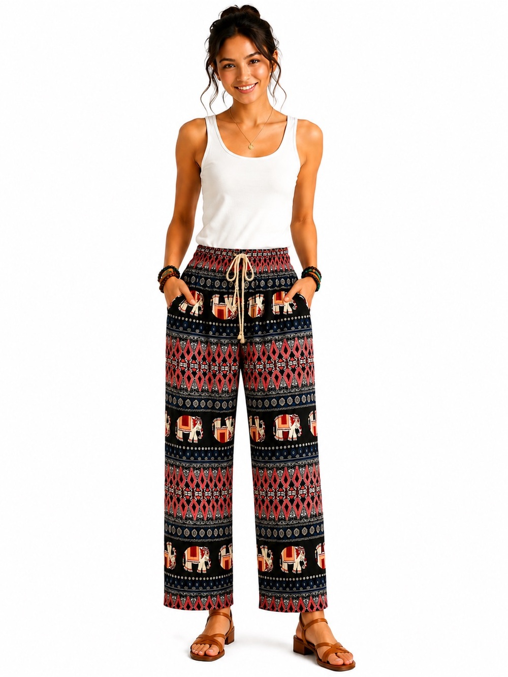 8D.New Bohemian Elephant Print Wide-Leg Pants - Black & Red